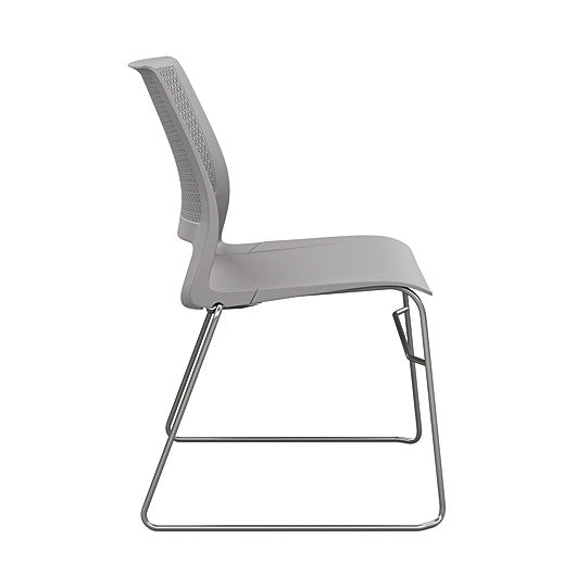 Side view of a SitOnIt Lumin sled base Stack Chair in gray color with chrome frame. Kansas City Office Design.