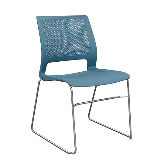 Front view of a SitOnIt Lumin sled base Stack Chair in lagoon color with chrome frame. Kansas City Office Design.