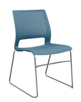 Front view of a SitOnIt Lumin sled base Stack Chair in lagoon color with chrome frame. Kansas City Office Design.