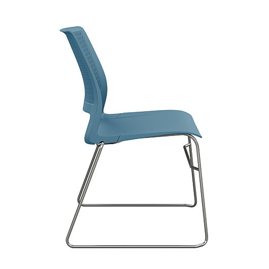 Side view of a SitOnIt Lumin sled base Stack Chair in lagoon color with chrome frame. Kansas City Office Design.