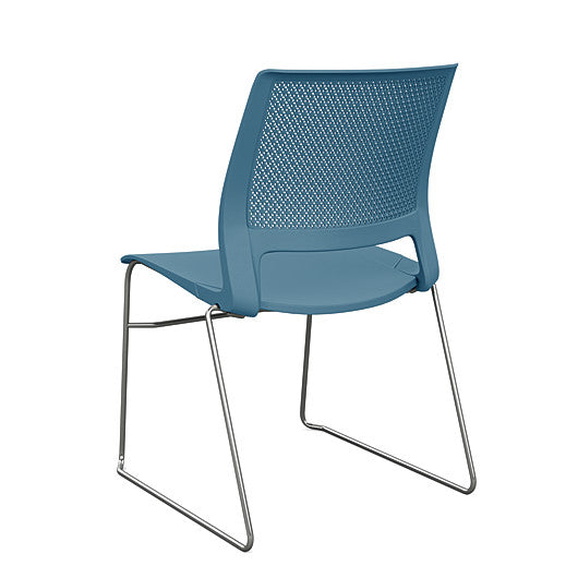 Back view of a SitOnIt Lumin sled base Stack Chair in lagoon color with chrome frame. Kansas City Office Design.