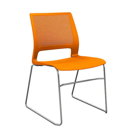 Front view of a SitOnIt Lumin sled base Stack Chair in orange color with chrome frame. Kansas City Office Design.