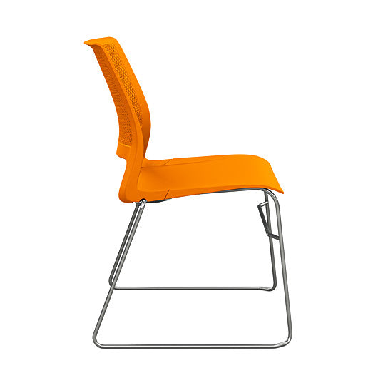 Side view of a SitOnIt Lumin sled base Stack Chair in orange color with chrome frame. Kansas City Office Design.