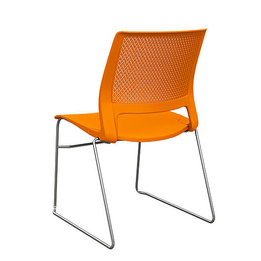 Back view of a SitOnIt Lumin sled base Stack Chair in orange color with chrome frame. Kansas City Office Design.