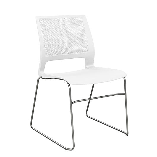 Front view of a SitOnIt Lumin sled base Stack Chair in white color with chrome frame. Kansas City Office Design.