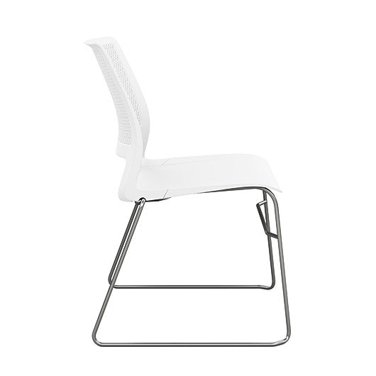 Side view of a SitOnIt Lumin sled base Stack Chair in white color with chrome frame. Kansas City Office Design.