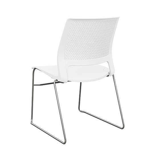 Back view of a SitOnIt Lumin sled base Stack Chair in white color with chrome frame. Kansas City Office Design.