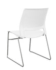 Back view of a SitOnIt Lumin sled base Stack Chair in white color with chrome frame. Kansas City Office Design.