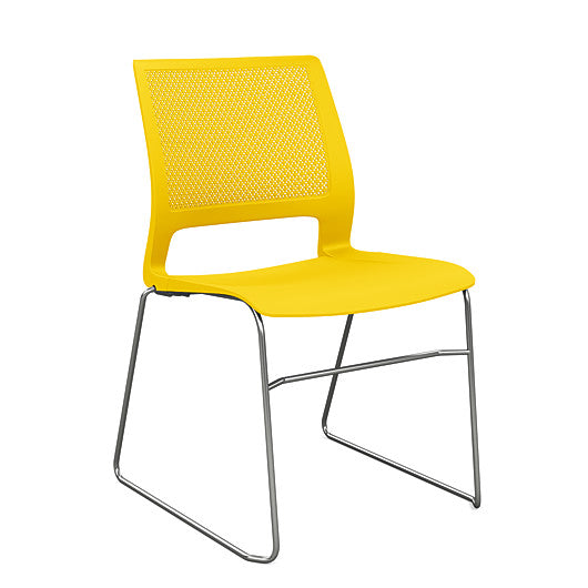 Front view of a SitOnIt Lumin sled base Stack Chair in yello color with chrome frame. Kansas City Office Design.
