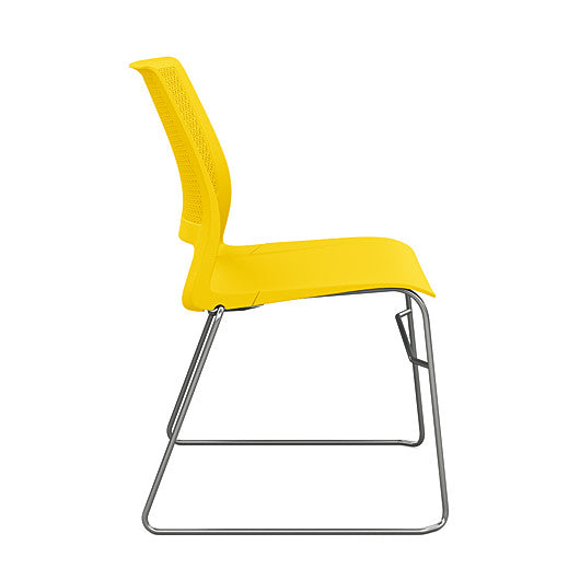 Side view of a SitOnIt Lumin sled base Stack Chair in yello color with chrome frame. Kansas City Office Design.