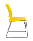 Side view of a SitOnIt Lumin sled base Stack Chair in yello color with chrome frame. Kansas City Office Design.