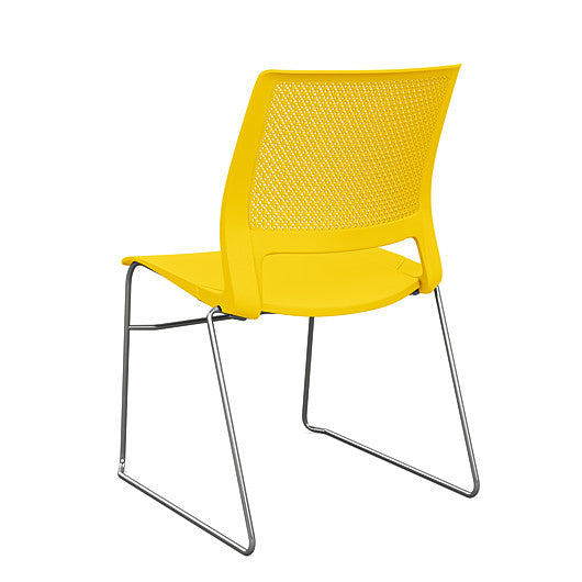 Back view of a SitOnIt Lumin sled base Stack Chair in yello color with chrome frame. Kansas City Office Design.