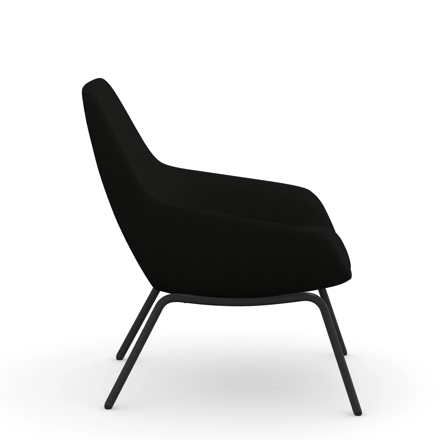 Side view of the 9to5 Lilly lounge chair in black 4Leg metal frame and Black Fabric. Kansas City Office Design.