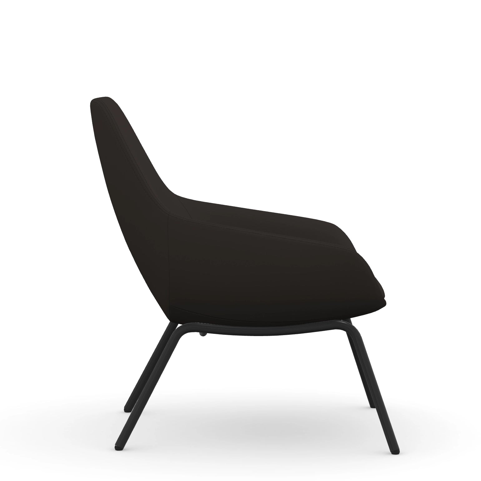 Side view of the 9to5 Lilly lounge chair in black 4Leg metal frame and Black Vinyl Fabric. Kansas City Office Design.