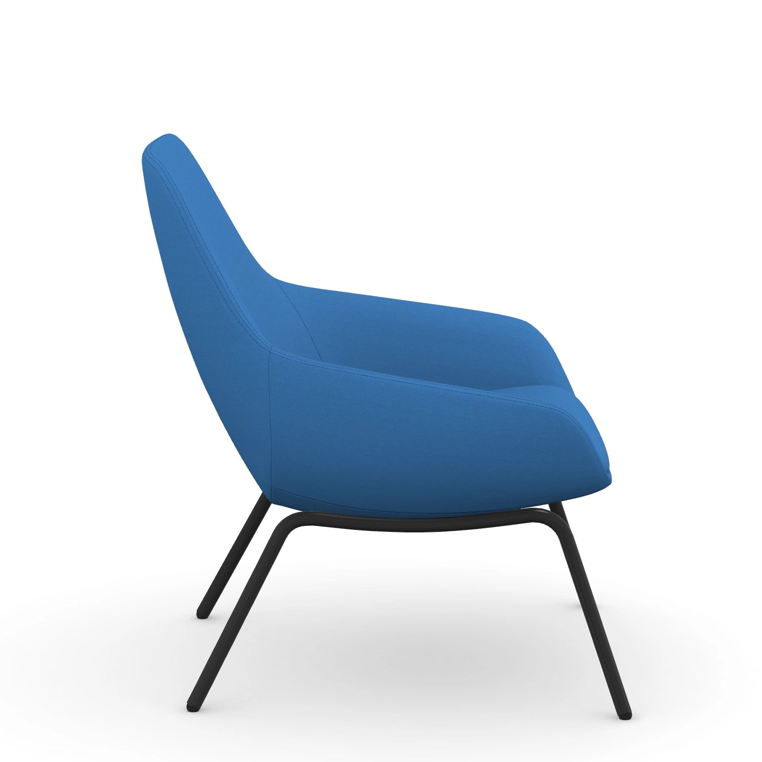 Side view of the 9to5 Lilly lounge chair in black 4Leg metal frame and Blue Fabric. Kansas City Office Design.