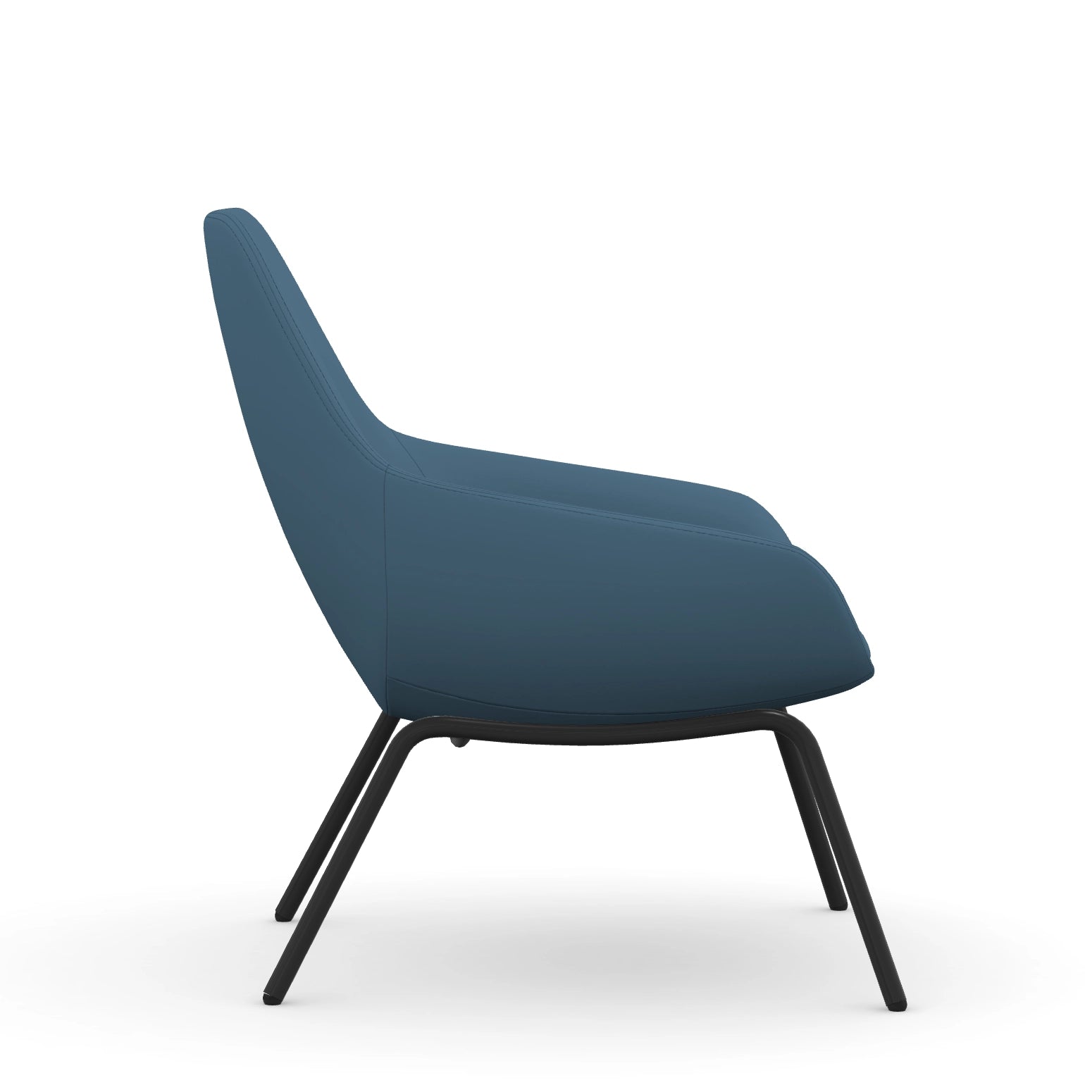 Side view of the 9to5 Lilly lounge chair in black 4Leg metal frame and Wave Blue Vinyl Fabric. Kansas City Office Design.