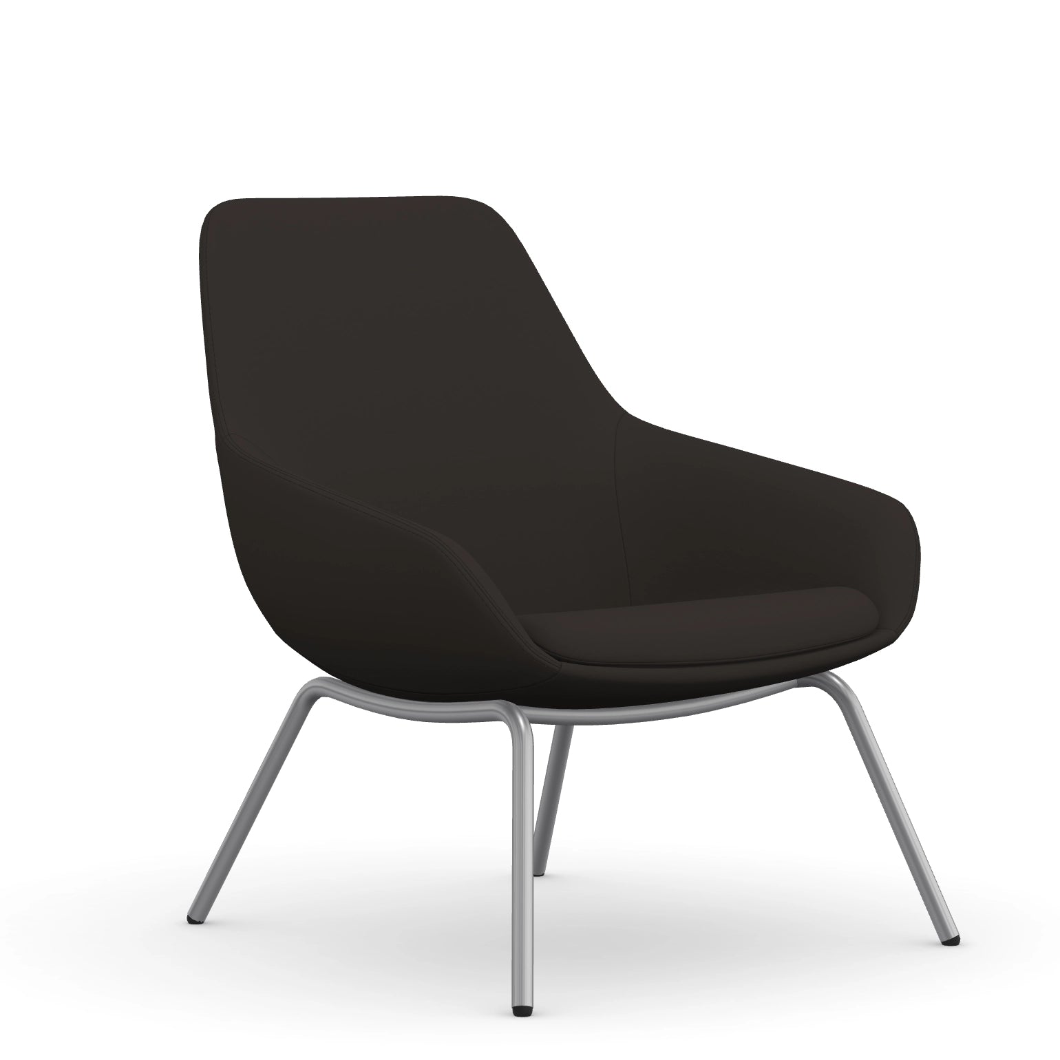 Front view of the 9to5 Lilly lounge chair in silver 4Leg metal frame and black vinyl Fabric. Kansas City Office Design