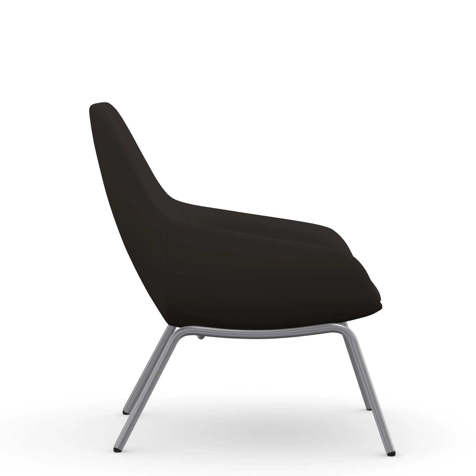 Side view of the 9to5 Lilly lounge chair in silver 4Leg metal frame and black vinyl Fabric. Kansas City Office Design