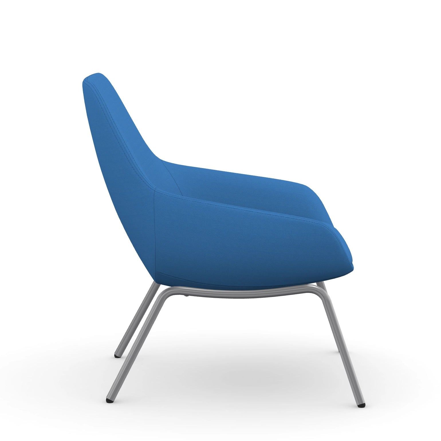 Side view of the 9to5 Lilly lounge chair in silver 4Leg metal frame and blue Fabric. Kansas City Office Design