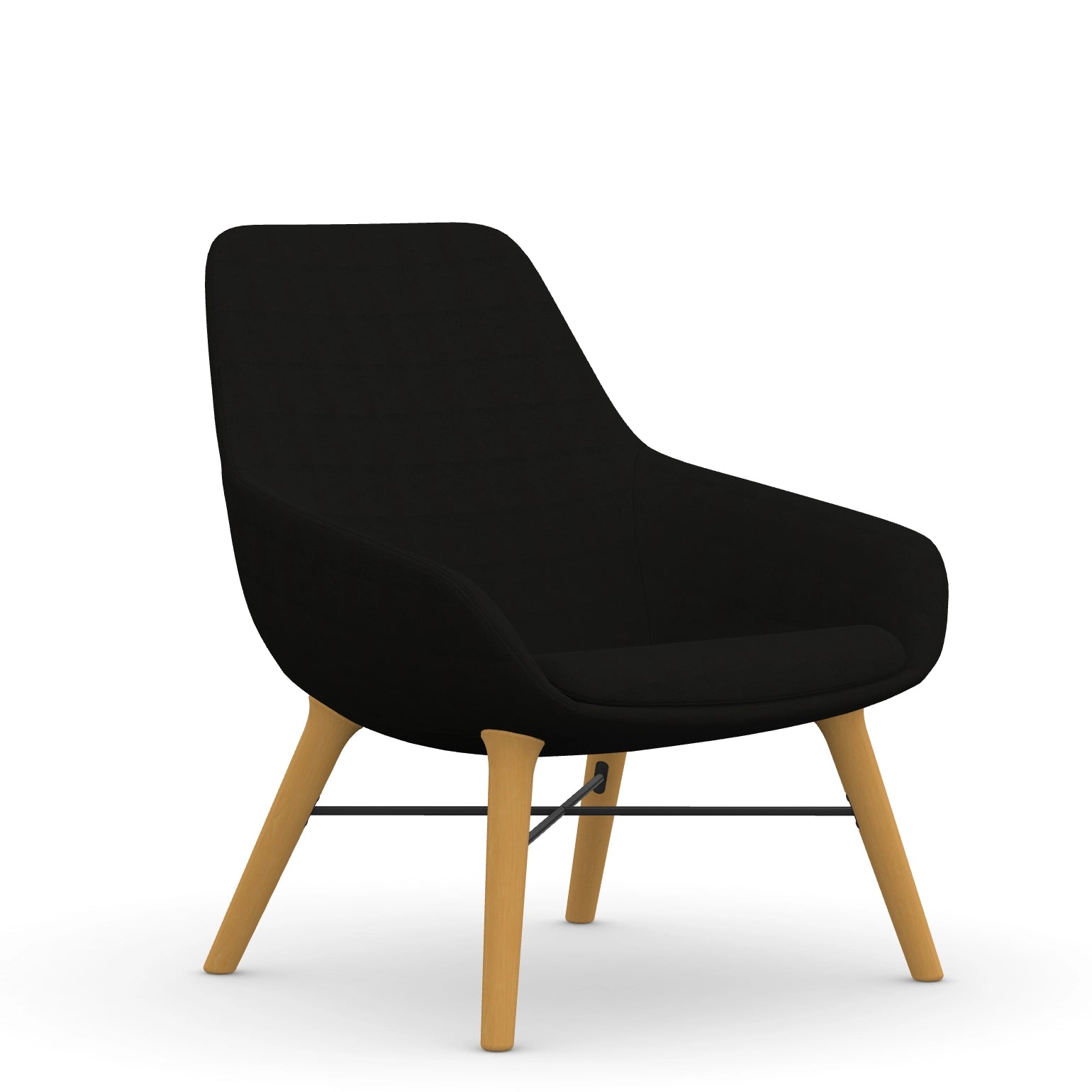 Front view of the 9to5 Lilly lounge chair in maple wood leg frame and black Fabric. Kansas City Office Design