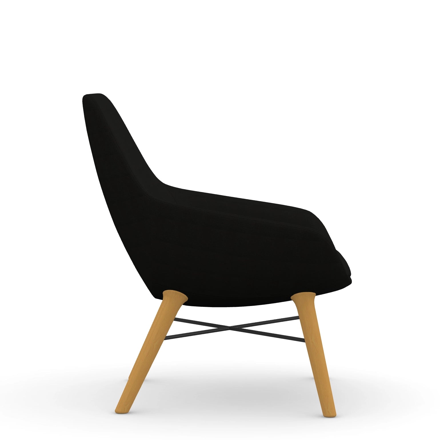 Side view of the 9to5 Lilly lounge chair in maple wood leg frame and black Fabric. Kansas City Office Design