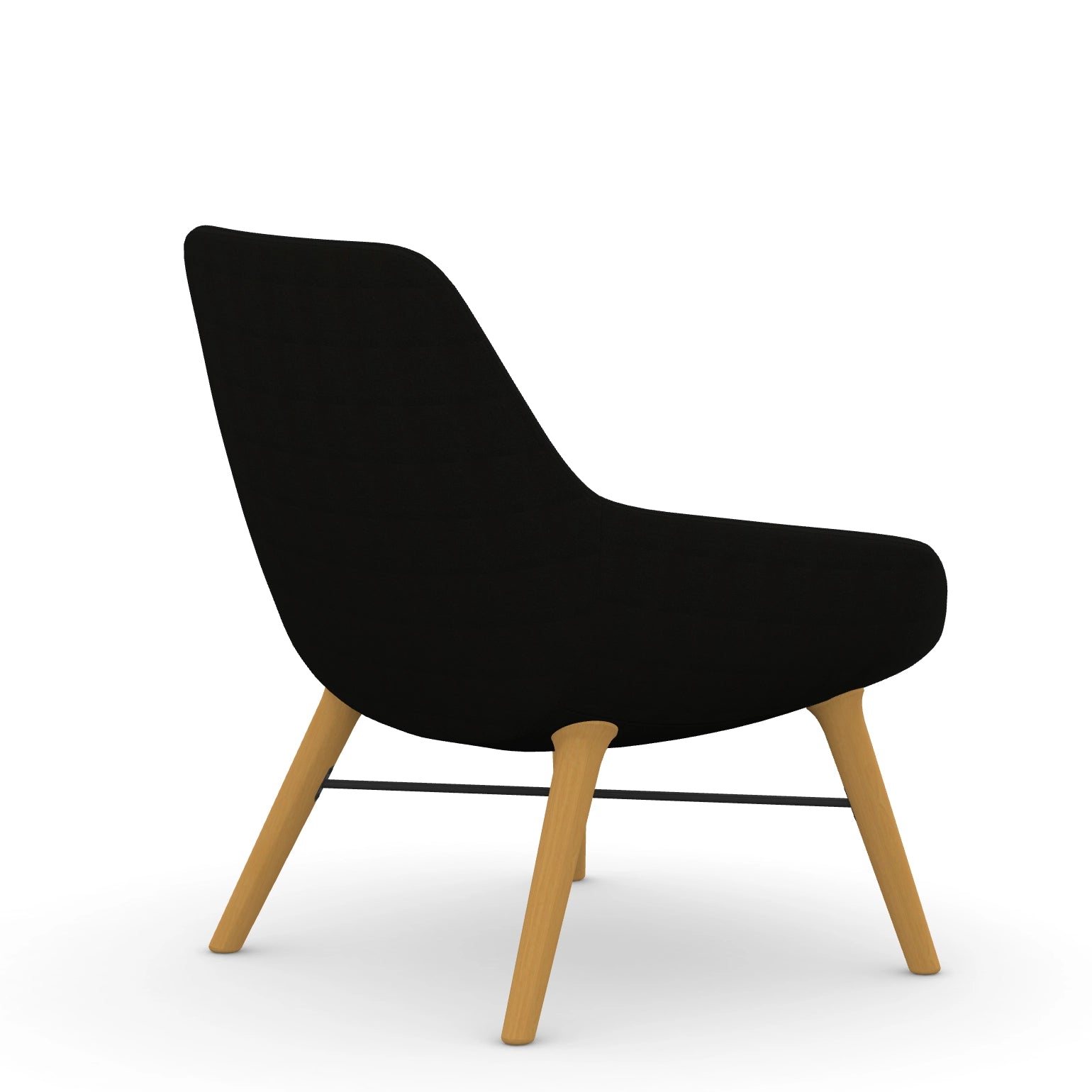 Back view of the 9to5 Lilly lounge chair in maple wood leg frame and black Fabric. Kansas City Office Design