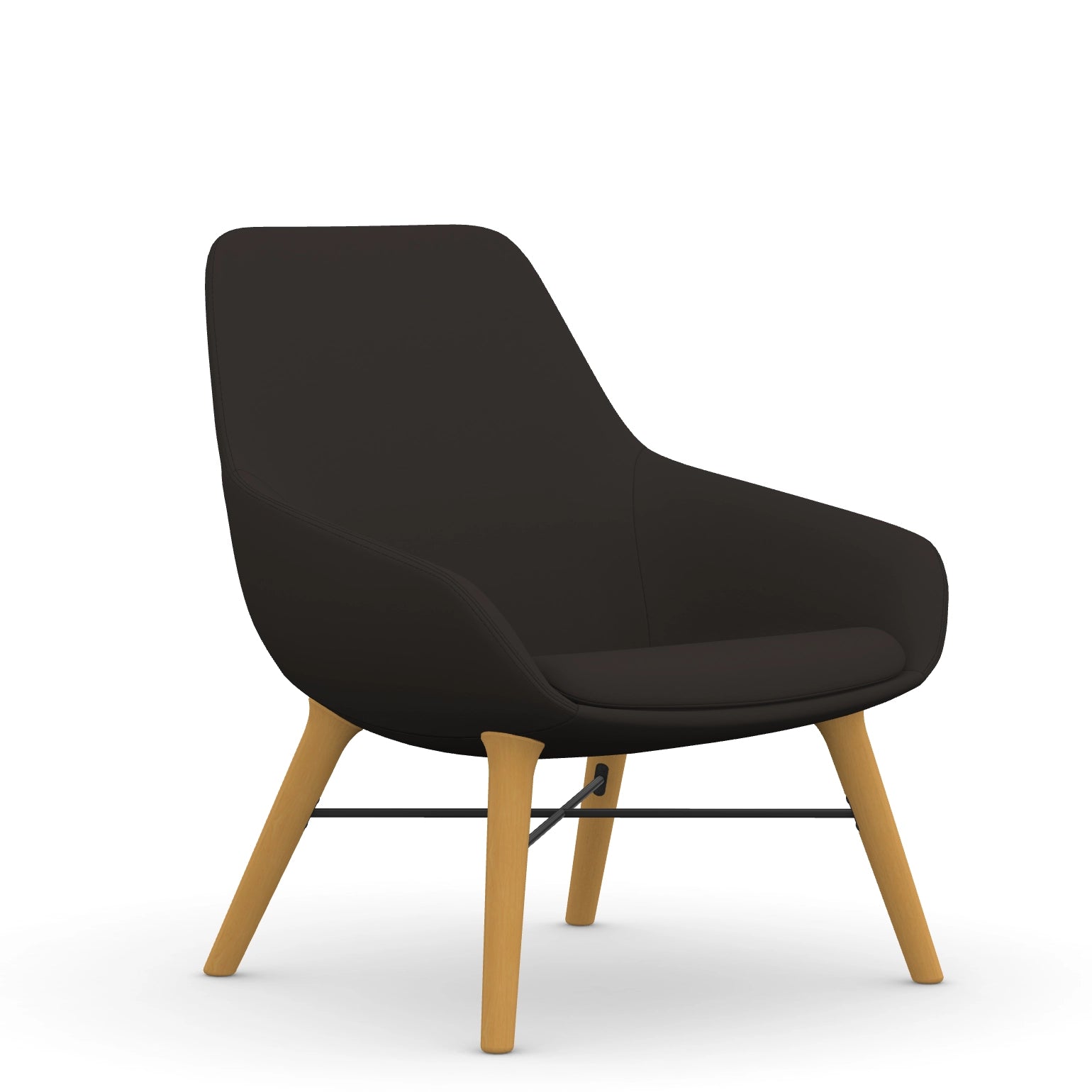 Front view of the 9to5 Lilly lounge chair in maple wood leg frame and black vinyl Fabric. Kansas City Office Design