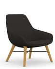 Front view of the 9to5 Lilly lounge chair in maple wood leg frame and black vinyl Fabric. Kansas City Office Design