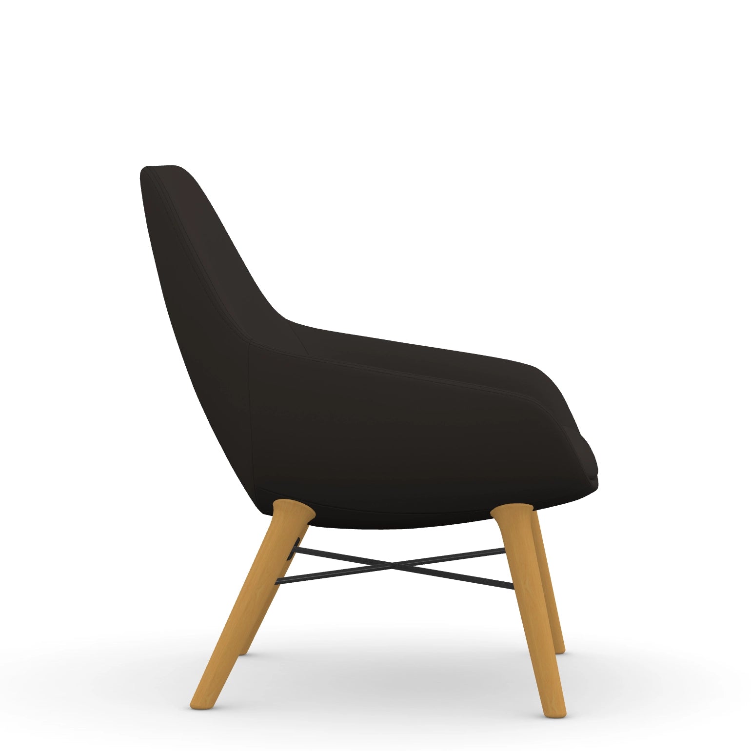 Side view of the 9to5 Lilly lounge chair in maple wood leg frame and black vinyl Fabric. Kansas City Office Design