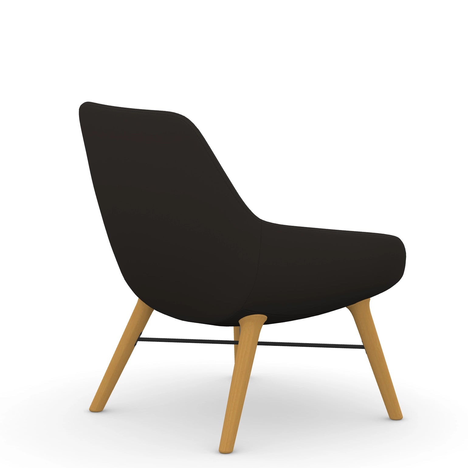 Back view of the 9to5 Lilly lounge chair in maple wood leg frame and black vinyl Fabric. Kansas City Office Design