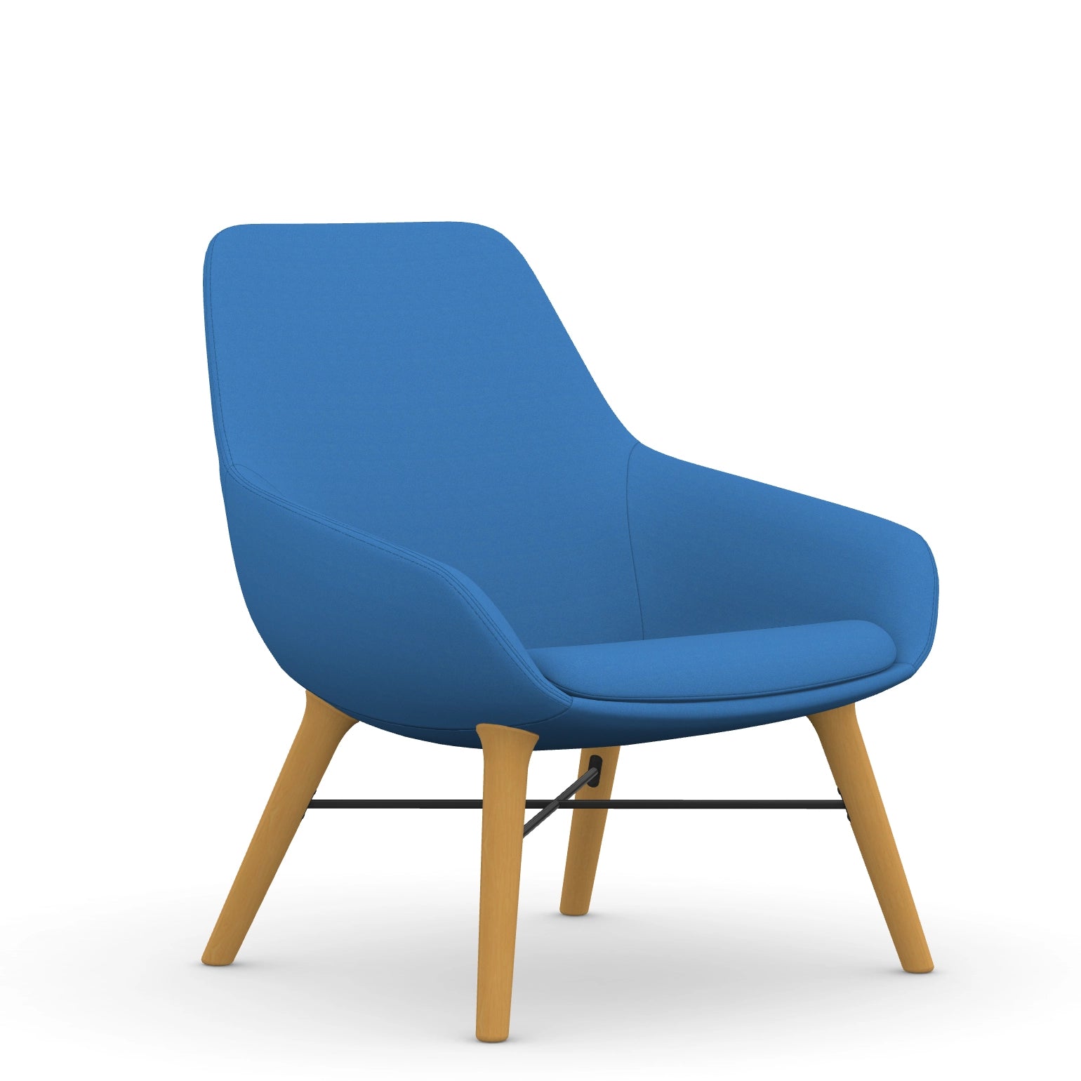 Front view of the 9to5 Lilly lounge chair in maple wood leg frame and blue Fabric. Kansas City Office Design