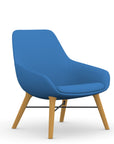 Front view of the 9to5 Lilly lounge chair in maple wood leg frame and blue Fabric. Kansas City Office Design
