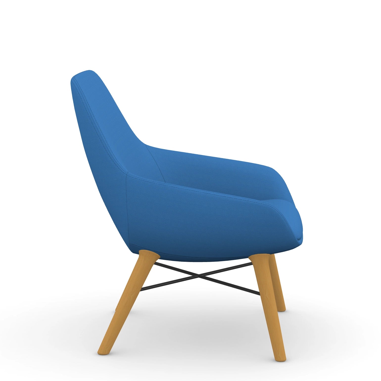 Side view of the 9to5 Lilly lounge chair in maple wood leg frame and blue Fabric. Kansas City Office Design
