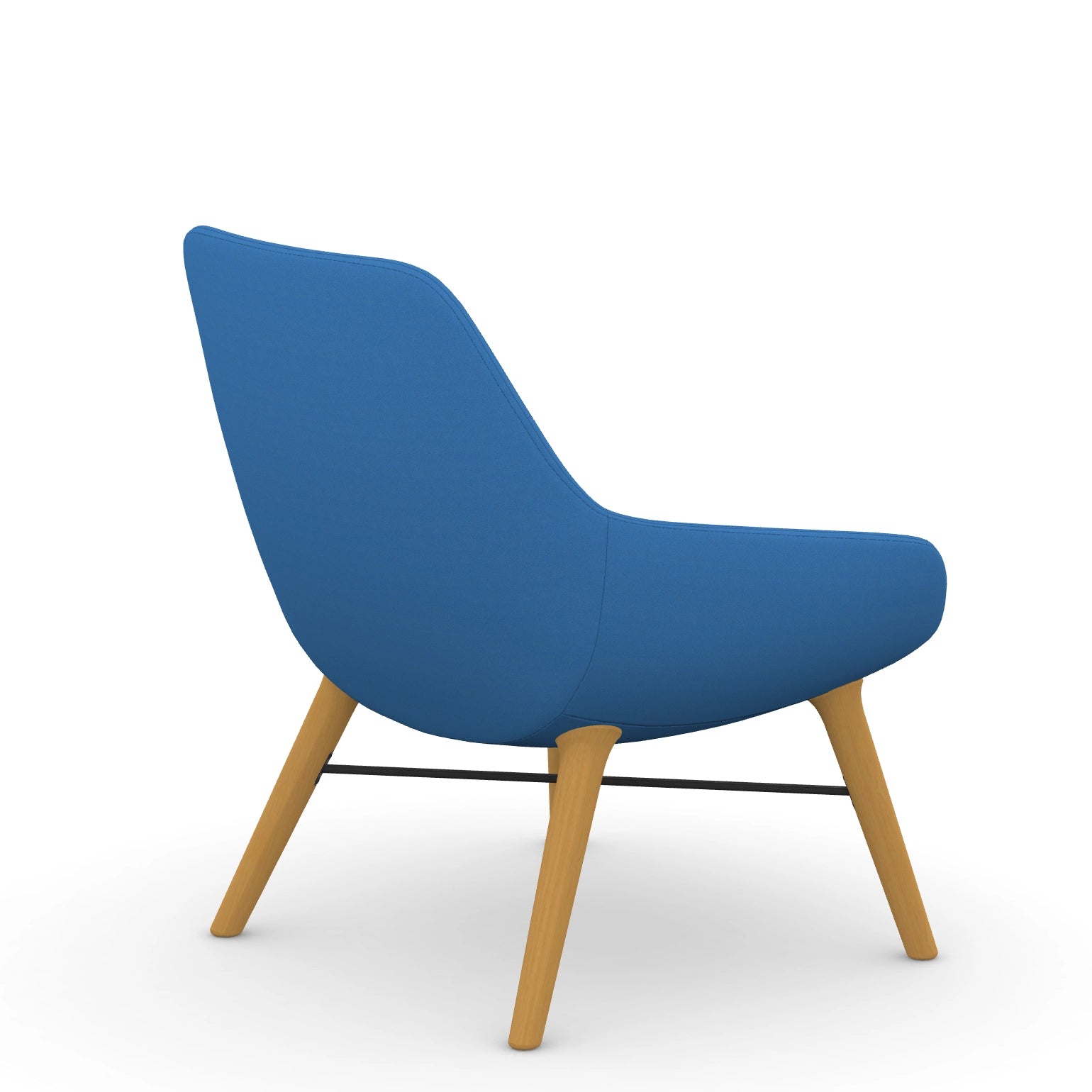 Back view of the 9to5 Lilly lounge chair in maple wood leg frame and blue Fabric. Kansas City Office Design