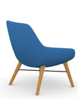 Back view of the 9to5 Lilly lounge chair in maple wood leg frame and blue Fabric. Kansas City Office Design