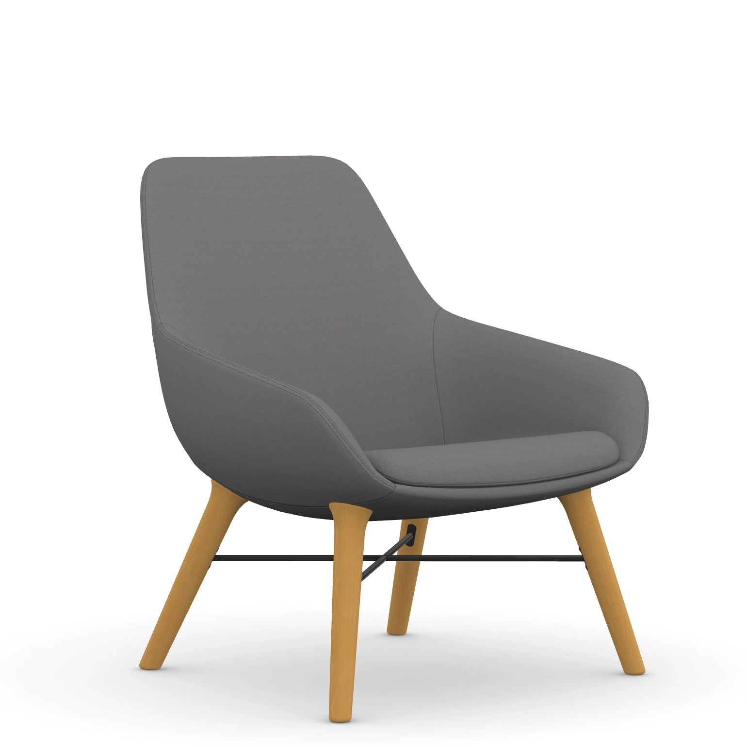 Front view of the 9to5 Lilly lounge chair in maple wood leg frame and gray Fabric. Kansas City Office Design