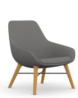 Front view of the 9to5 Lilly lounge chair in maple wood leg frame and gray Fabric. Kansas City Office Design