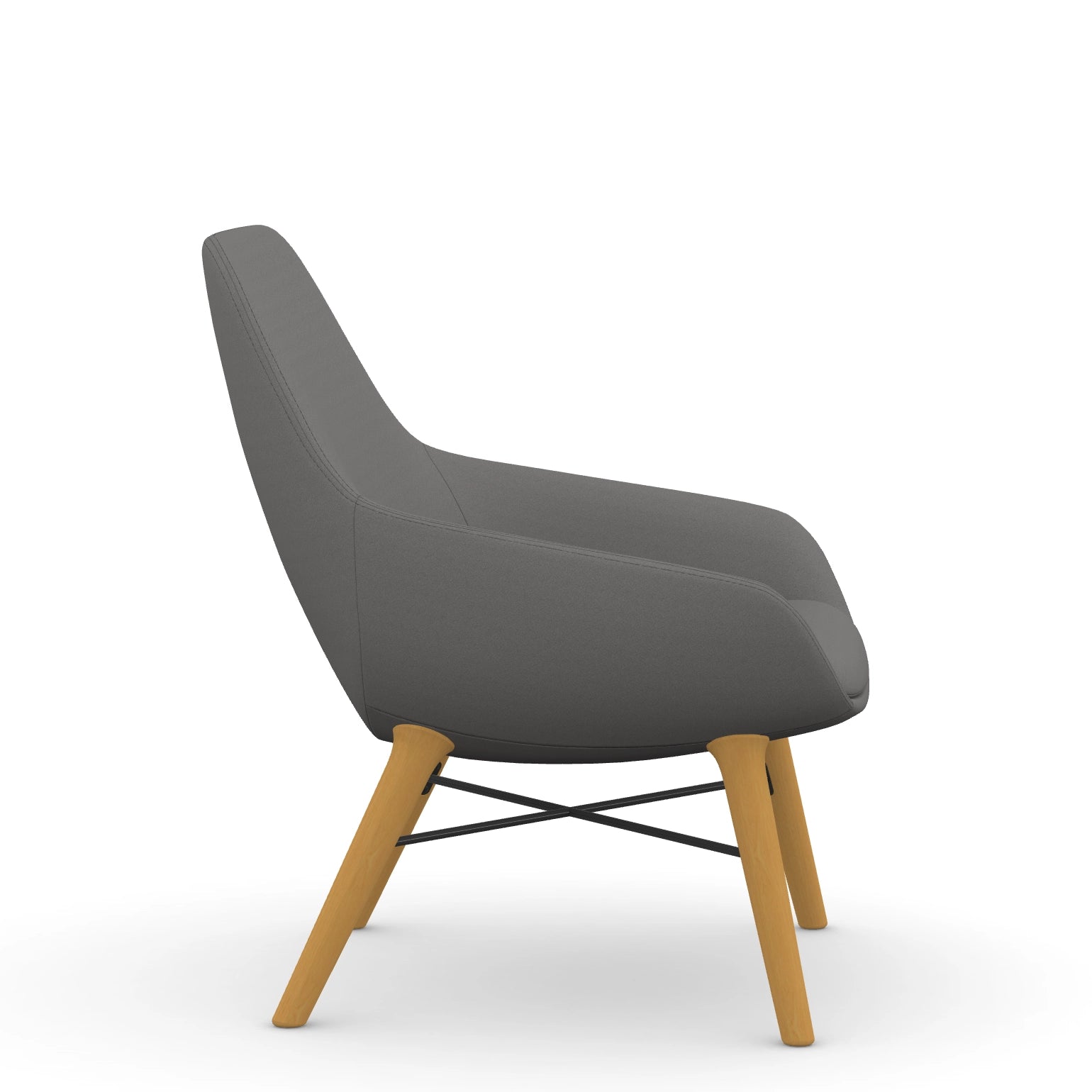 Side view of the 9to5 Lilly lounge chair in maple wood leg frame and gray Fabric. Kansas City Office Design