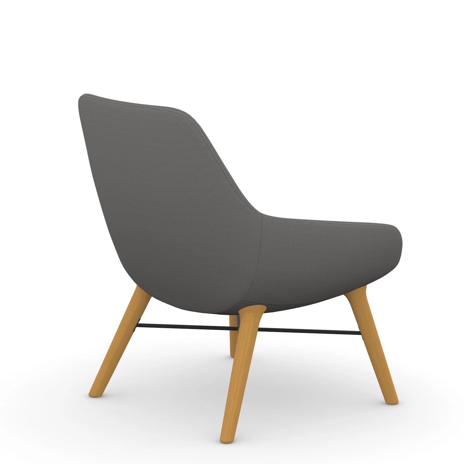 Back view of the 9to5 Lilly lounge chair in maple wood leg frame and gray Fabric. Kansas City Office Design