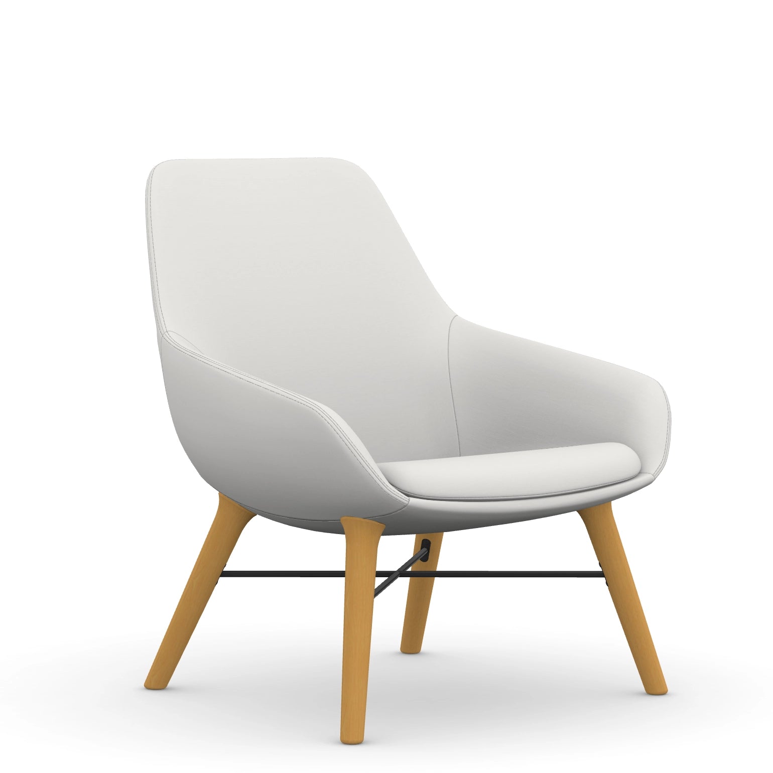 Front view of the 9to5 Lilly lounge chair in maple wood leg frame and tinsel vinyl Fabric. Kansas City Office Design