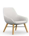 Front view of the 9to5 Lilly lounge chair in maple wood leg frame and tinsel vinyl Fabric. Kansas City Office Design