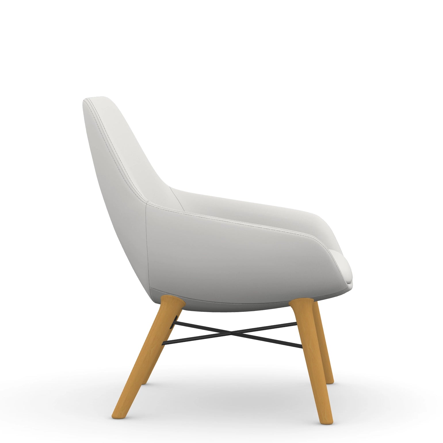 Side view of the 9to5 Lilly lounge chair in maple wood leg frame and tinsel vinyl Fabric. Kansas City Office Design