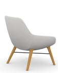 Back view of the 9to5 Lilly lounge chair in maple wood leg frame and tinsel vinyl Fabric. Kansas City Office Design