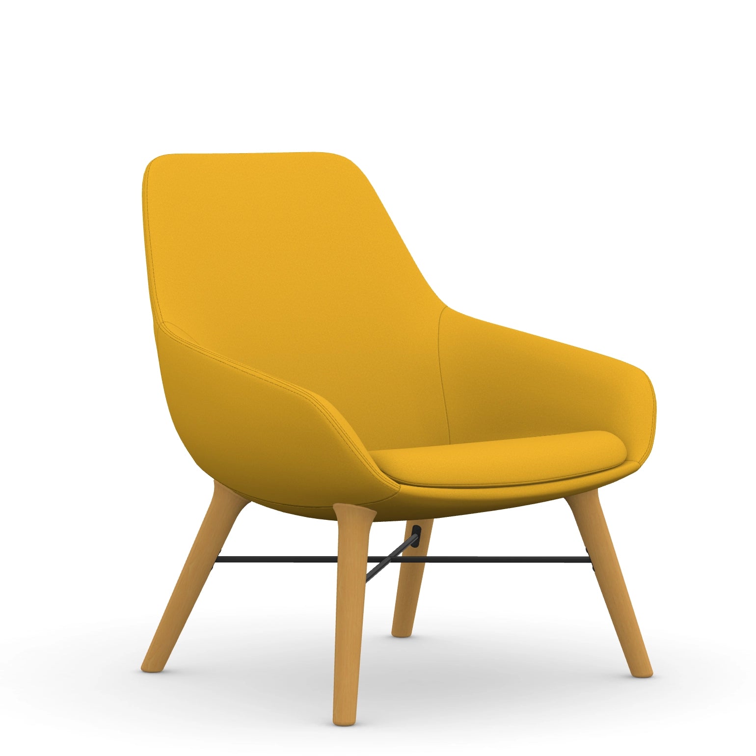 Front view of the 9to5 Lilly lounge chair in maple wood leg frame and yellow Fabric. Kansas City Office Design
