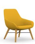 Front view of the 9to5 Lilly lounge chair in maple wood leg frame and yellow Fabric. Kansas City Office Design
