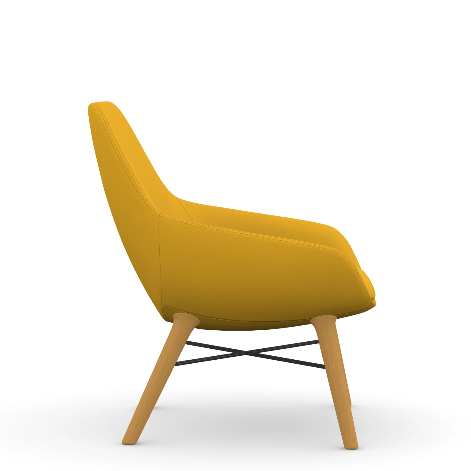 Side view of the 9to5 Lilly lounge chair in maple wood leg frame and yellow Fabric. Kansas City Office Design