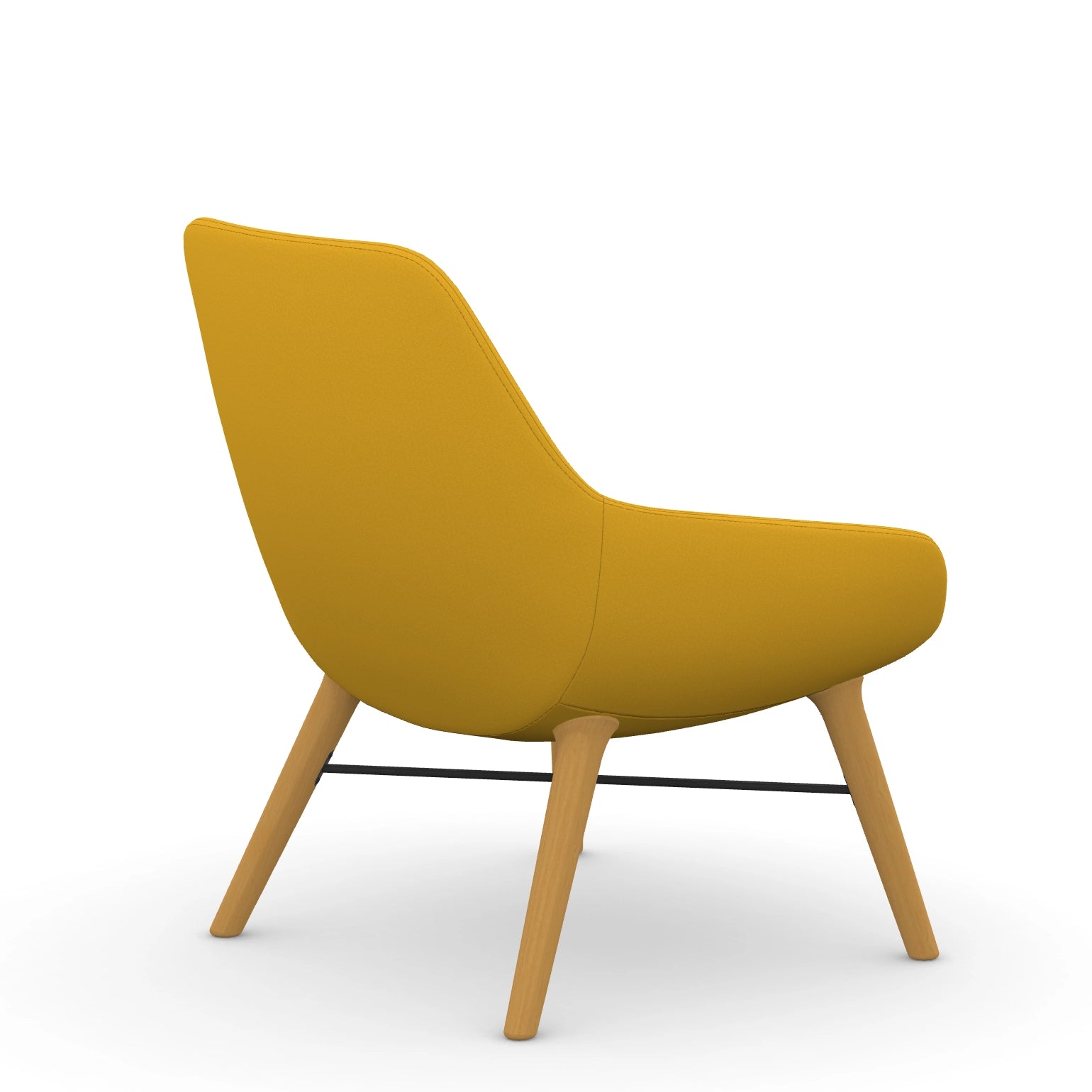 Back view of the 9to5 Lilly lounge chair in maple wood leg frame and yellow Fabric. Kansas City Office Design