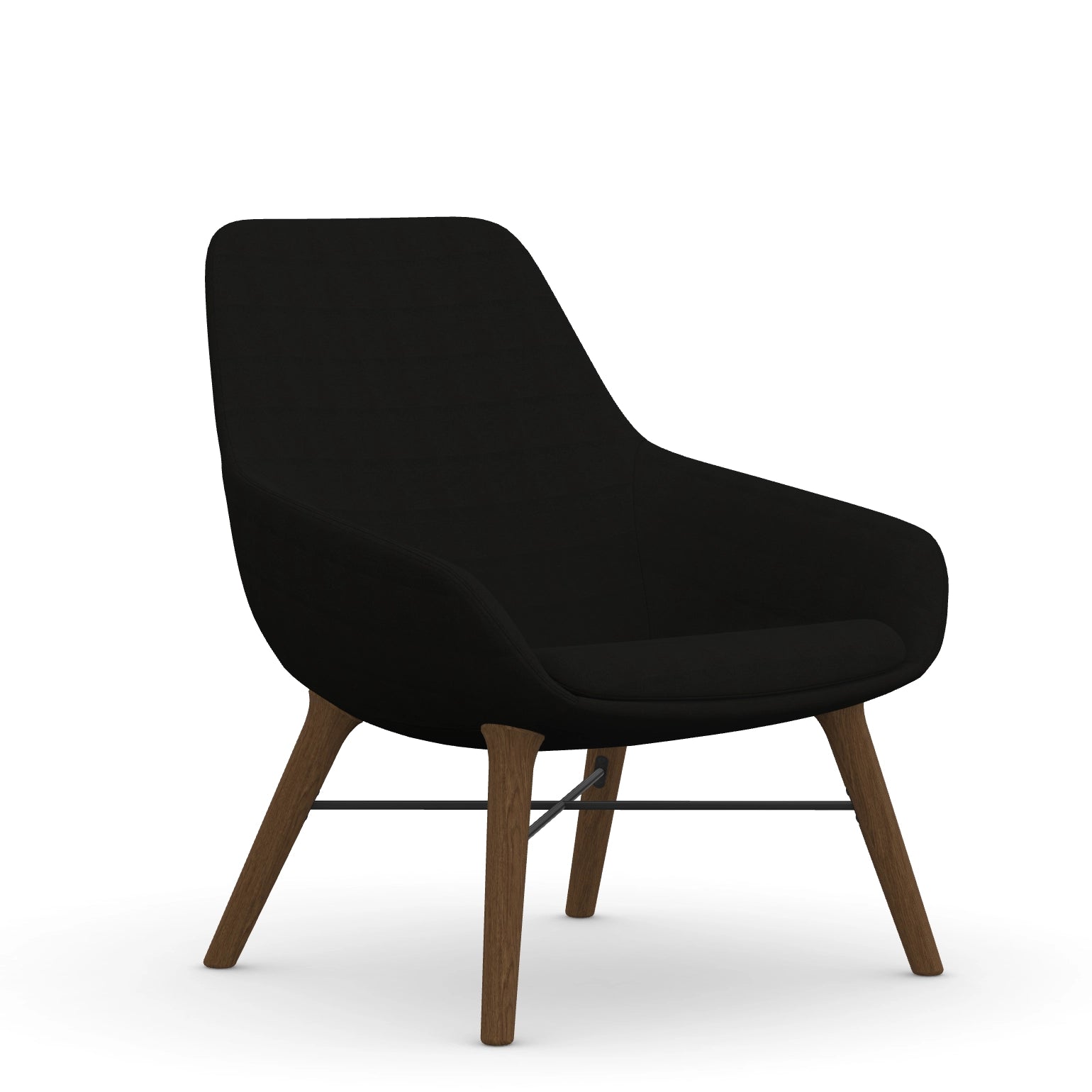 Front view of the 9to5 Lilly lounge chair in walnut wood leg frame and black Fabric. Kansas City Office Design