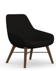 Front view of the 9to5 Lilly lounge chair in walnut wood leg frame and black Fabric. Kansas City Office Design