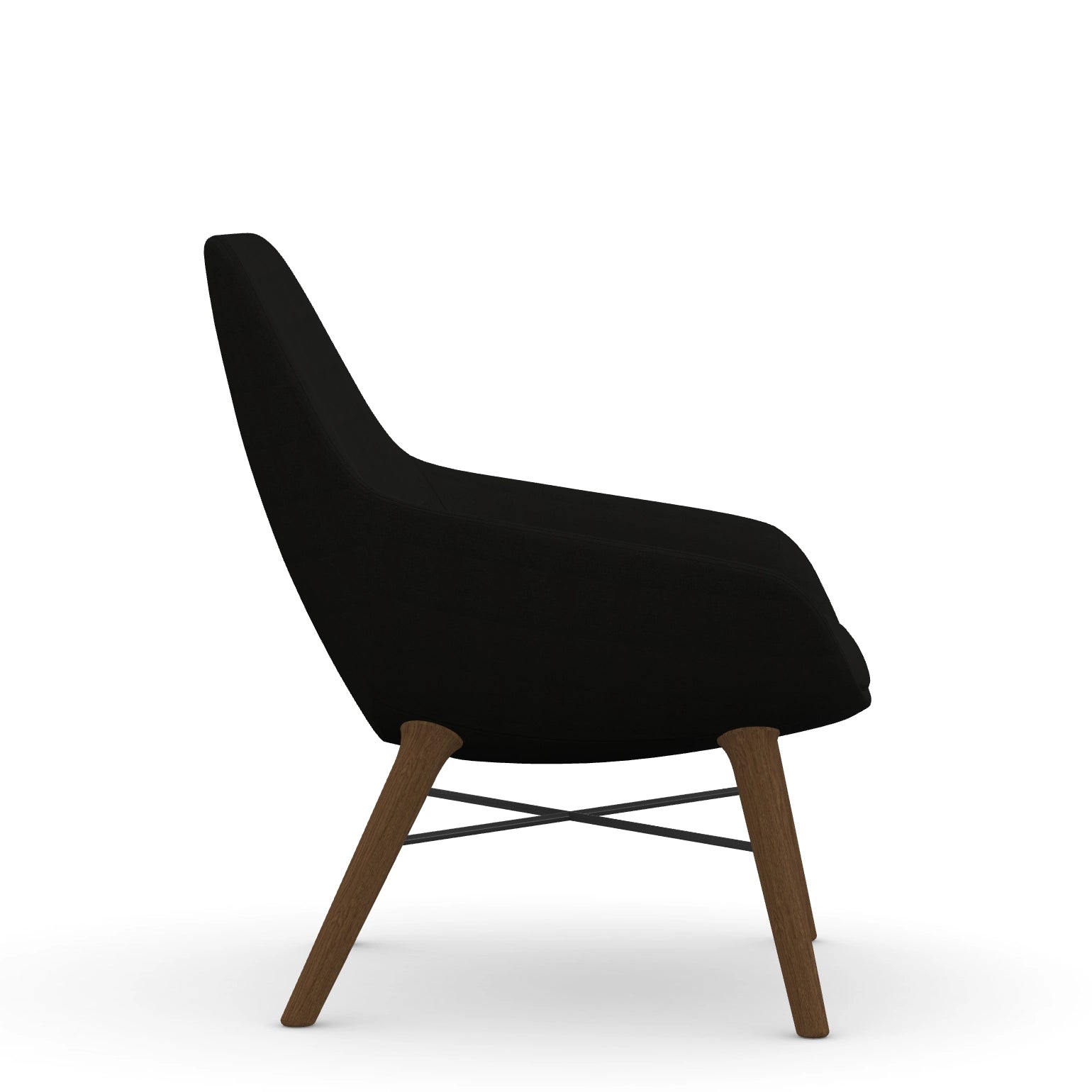 Side view of the 9to5 Lilly lounge chair in walnut wood leg frame and black Fabric. Kansas City Office Design